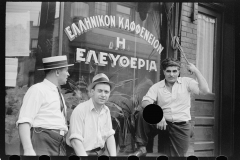 3125_Steelworkers talking to the proprietor of a coffee shop , 'Liberty'  Aliquippa, Pennsylvania