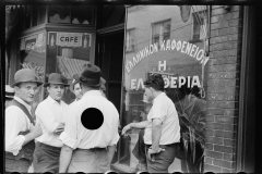 3131_Steelworkers outside cafe , Aliquippa, Pennsylvania