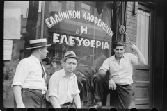 3125_Steelworkers talking to the proprietor of a coffee shop , 'Liberty'  Aliquippa, Pennsylvania